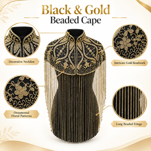 Cape noire et dorée à perles, avec broderies complexes et franges longues, pour tenue de soirée, veste de mariage - Product Image 6