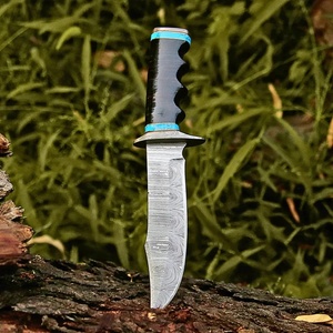 Cuchillo Bowie de hoja fija con patrón de Damasco personalizado, mango con ranura para el dedo, espiga completa, cuchillos utilitarios para exteriores, funda de cuero - Product Image 5