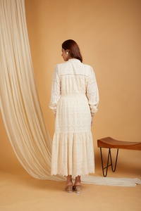 <b>Boho</b> Chic V-Neck Cotton Midi <b>Dress</b> Featuring Eyelet Embroidery and Voluminous Puff Sleeves Casual <b>Summer</b> Apparel for Women - Product Image 4