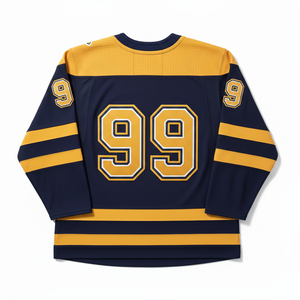 Maillot de hockey sur glace pour homme, bleu marine et jaune, avec logo brodé en twill, manches longues, respirant, coupe classique - Product Image 2