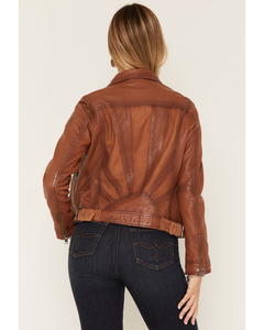 Chaqueta de cuero marrón para mujer, estilo motociclista, ajustada, suave, con cremallera, de cuero genuino, a la moda, al por mayor - Product Image 5