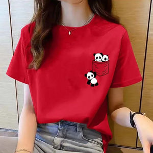 Camiseta de manga corta para mujer, novedad de verano, con bolsillo, estampado de panda de dibujos animados, estilo coreano, holgada, con cuello redondo - Product Image 1