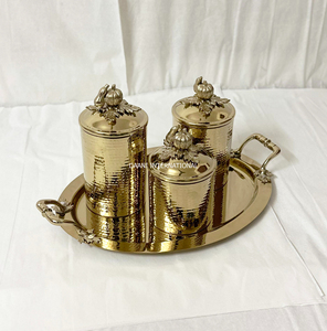 Gold Hammered Metal <b>Spice</b> <b>Jar</b> Set with Lid Oval Tray Vintage Kitchen Storage Canisters for Tea Coffee Airtight Food Container - Product Image 1