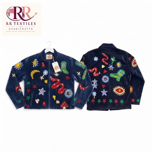 เสื้อแจ็คเก็ตบอมเบอร์ผู้หญิงผ้ากำมะหยี่สีกรมท่า ปักลายดอกไม้สไตล์โบฮีเมียน  รักษ์โลก น้ำหนักเบา เหมาะสำหรับฤดูใบไม้ร่วง บุด้วยผ้าฝ้าย - Product Image 4
