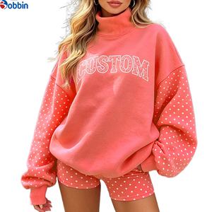 Top Trending Hot Selling Custom Polka Dot Printed Patchwork Mockneck Cozy Sweatshirt Casual <b>Short</b> Set <b>Women</b> Drop Shoulder <b>Suit</b> - Product Image 3