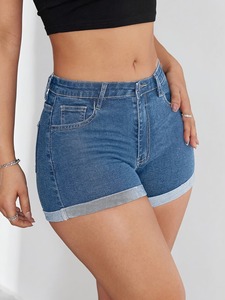 Shorts en jean taille haute pour femme, couleur unie, en coton délavé, décontractés, pour l'été, avec fermeture boutonnée, coupe classique - Product Image 3