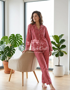 Ensemble de pyjama en coton rayé rouge et blanc pour femmes, élégant, à manches longues, boutonné, vêtements de nuit doux, respirants, séchage rapide, pour l'été - Product Image 5