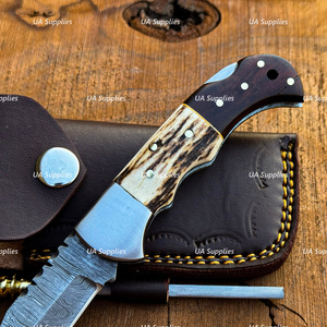 Damascus Steel OEM Handmade Back Lock Folding Multi-Functional Outdoor Hunting <b>Knife</b> Clip Point Blade Stag Horn Rosewood <b>Handle</b> - Product Image 4