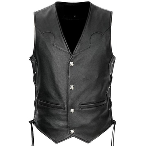 Men's <b>Black</b> PU Leather V-Neck Sleeveless <b>Vest</b> With Button Closure And Side Lacing Moto Biker Style Regular Fit Autumn Outerwear - Product Image 4