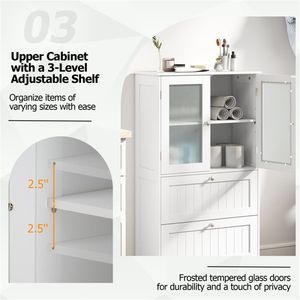 Mobiletto da terra regolabile con 2 cassetti e anta in vetro temperato satinato, credenza per soggiorno - Product Image 6