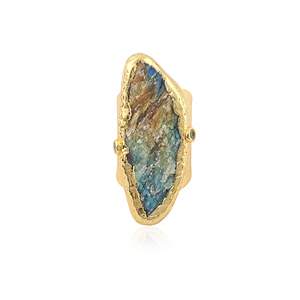 Natural flashy labradorite & cz <b>adjustable</b> <b>rings</b> 18K gold plated solid Brass Hammered Texture jewelry wholesale raw stone <b>ring</b> - Product Image 4