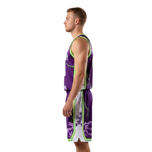 Conjunto de Camiseta y Pantalones Cortos de Baloncesto para Hombre, Cuello en V, Sin Mangas, Estampado de Nubes y Rayos, Borde Lateral en Contraste, Nombre y Número del Equipo Personalizados - Product Image 5