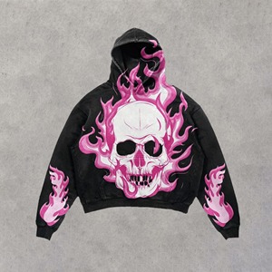 Sudadera con Capucha Personalizada Gótica Rosa con Calavera y Llamas para Hombre, de Gran Gramaje, Oversize, Vintage, con Lavado Ácido, Gráfico de Pedrería, Estilo Streetwear - Product Image 1