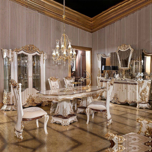Classic European Luxury Style <b>Dining</b> <b>Table</b> Set Hand-Carved Mahogany <b>White</b> Finish Upholstered Chair and Showcase Cabinet - Product Image 2