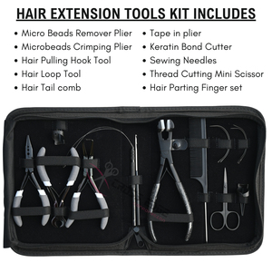 Kit complet d'outils pour extensions capillaires noires avec pinces à bandes adhésives, peigne à queue et ensemble de doigts de séparation, crochet à cheveux, pinces à micro-liens - Product Image 2