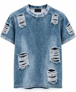 เสื้อยืดเดนิมโอเวอร์ไซส์ แขนสั้น คอกลม สไตล์สตรีท ดีไซน์ขาดๆ สีพื้น ผ้าฝ้ายทอ - Product Image 1