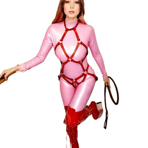 Combinaison longue rose en PU pour femme avec détails de rivets rouges et harnais, col roulé, tenue de club sexy moulante - Product Image 3