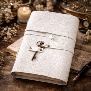 NEW ERA NEE-1000 Carnet de notes vintage fait main en cuir véritable blanc à motifs floraux, reliure cousue, bord festonné, idéal comme cadeau - Product Image 1