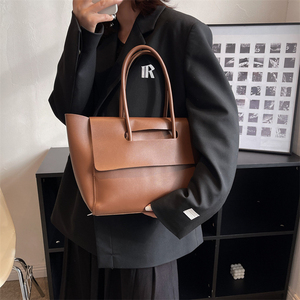 Bolso Tote Minimalista de Cuero Genuino Clásico, Color Sólido, Parte Superior Abierta, Uso Diario, Bolso de Mano para Mujer, Todas las Temporadas, Marrón - Product Image 2