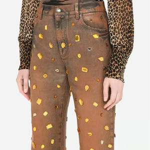 Jeans de Mezclilla de Cintura Alta y Pierna Recta con Estampado Dorado, Estilo Casual de Algodón para Otoño, para Mujer - Product Image 3