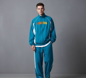 Survêtement bleu pour homme, coupe longue, couleur unie, style sportif, col montant, fermeture éclair, poches latérales, 100 % polyester respirant, coupe classique - Product Image 4
