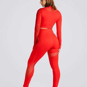 Conjunto de Yoga Rojo de 2 Piezas, Leggings de Cintura Alta, Top Corto sin Mangas, Detalle de Malla, Sin Costuras, Spandex/Nylon, Transpirable por Delante - Product Image 6