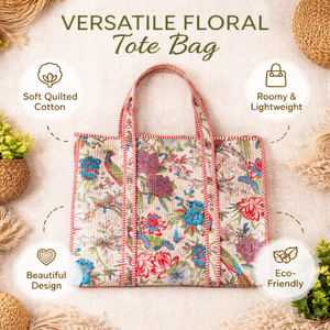 Bolso Tote de Algodón Acolchado con Estampado Floral, Diseño Profesional, Color Beige, con Ribete en Contraste, el Mejor Bolso para Mujer - Product Image 3