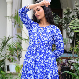 Vestido Midi de Algodón con Estampado Floral Azul para Mujer, Vestido Casual de Verano con Corte en A y Volantes - Product Image 1