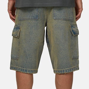 Men's Washed Denim Cargo Shorts Mid Waist <b>Elastic</b> Closure Casual Bermuda Style With Pockets Solid Color Canvas Material - Product Image 6