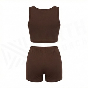 Conjunto Deportivo de 2 Piezas para Mujer, Top Corto Acanalado Marrón Sólido y Pantalones Cortos por Encima de la Rodilla, Cuello Redondo, Sin Mangas, Transpirable, Tejido - Product Image 2