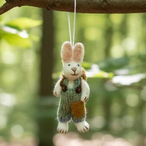 Handmade Knitted Rabbit Ornament In Green Overalls With Brown Pockets Hanging On <b>Tree</b> <b>Branch</b> Cartoon Animal Decor - Product Image 1