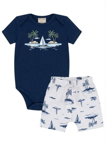 Ensemble bébé 2 pièces imprimé plage tropicale : body à manches courtes et short à cordon en coton doux – Tenue pour nourrisson – Vente en gros OEM - Product Image 3
