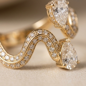 Anillo Étnico Ondulado de Oro Amarillo de 10k, 14k, 18k con Baño de Oro y Dos Diamantes de Laboratorio Brillantes con Corte Pera Engastados en Pavé - Product Image 3