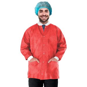 Unisex giacca da laboratorio monouso da 31 pollici 100 rosso lungo fino ai fianchi SMS 50 Gsm bottoni frontali in maglia 3 tasche grandi dimensioni PPE - Product Image 1