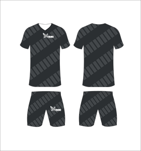 Ensemble de maillot de football personnalisé sublimé Ferocious, gris et noir rayé, col en V, anti-transpiration, pour homme, avec short - Product Image 1