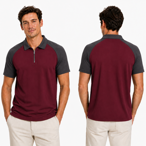 Polo de manga larga con cremallera de un cuarto para hombre, color granate y gris oscuro, con bloques de color en contraste, mangas raglán, camisas de golf con logotipo personalizado, más vendido. - Product Image 4