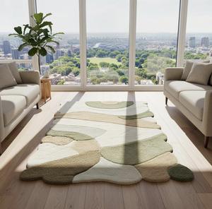 Tapis en laine tufté à la main, moderne, abstrait, beige et vert neutre, pour salon, chambre, décoration intérieure, tapis doux et luxueux - Product Image 6
