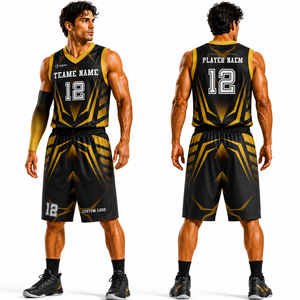 SINEWY Men's Basketball Jersey Set Black Gold Geometric Print Sublimated Moisture Wicking Athletic Fit V-Neck Sleeveless Uniform - Product Image 1