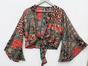 Nouvelle arrivée Wrap Boho Tie Top à la mode nouveau haut portefeuille en soie imprimé pour l'été et confortable avec décontracté - Product Image 3