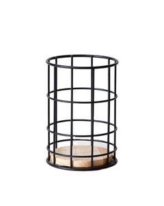 Organisateur de couverts rond en fer avec base en bois-Panier de rangement de comptoir avec drainage pour baguettes, fourchettes et cuillères - Product Image 1