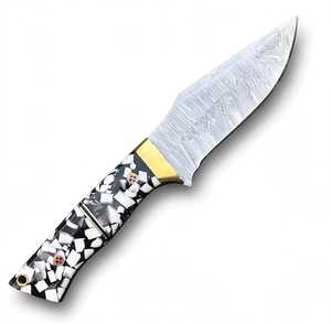 Iron Crown Forge Handcrafted Feather-Pattern Damascus Steel Fixed Blade Utility <b>Knife</b> with Mosaic Crushed <b>Bone</b> Resin <b>Handle</b> OEM - Product Image 6