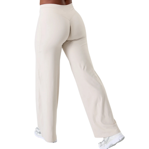 Pantalones de Yoga de Pierna Ancha para Mujer, Cintura Alta, Control de Abdomen, Elásticos, para Entrenamiento, Suaves, Transpirables, Beige, Ajuste Cómodo Premium - Product Image 4