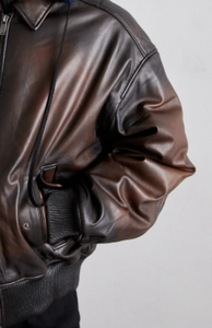 Chaqueta de moto de cuero genuino negra para hombre, cuello alto, cierre de cremallera, corte ajustado, manga regular, estilo invierno, bloques de color frontales - Product Image 6