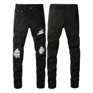 Vaqueros desgastados con parches personalizados, corte holgado y recto, estilo streetwear, efecto apilado, denim vintage lavado, Y2K, elásticos, hip hop - Product Image 1