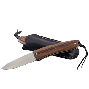 Cuchillos plegables con mango de madera marrón oscuro, hoja plateada satinada, funda de cuero negro y correa para la muñeca para uso diario al aire libre. - Product Image 3