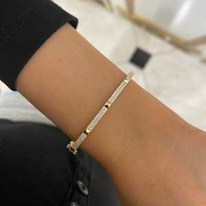 14K 18K Solid Gold Diamond Studded Pyramid Bangle <b>Bracelet</b> Lab Grown Pave Set Hinged <b>Cuff</b> Modern Stacking Fine Jewelry Bulk - Product Image 4