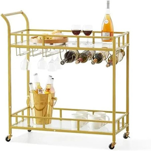 Chariot de bar moderne avec étagère de rangement en bois, chariot de bar moderne en métal à 3 niveaux, chariot de bar en bois à 2 niveaux de style mid-century - Product Image 3