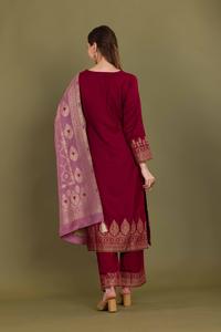 Ensemble Kurti Pantalon Dupatta en laine Acro tissée de qualité supérieure pour femmes, motif floral, pour l'hiver - Product Image 3