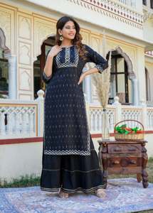 Rayon Geometrical Printed Black Women's Summer Ethnic Wear <b>Kurti</b> Customized Logo Quick Dry Recycled Materials Stylish - Product Image 4