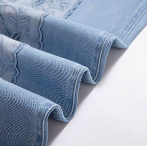 Jean large en denim brodé avec patchwork en maille et dentelle transparente pour femme, taille haute, coupe ample, délavage vintage - Product Image 6